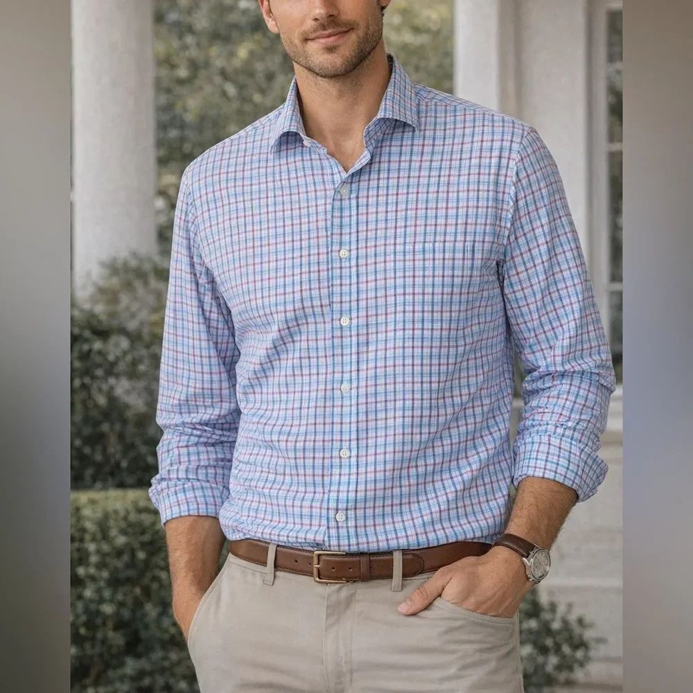 Peter Millar Summer Comfort Plaid Button Down Shirt Blue Red Size L